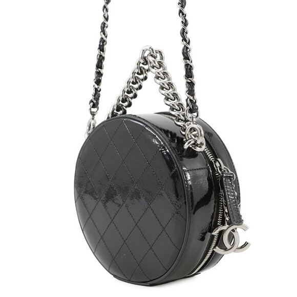 CHANEL Double Chain Round Shoulder Bag Patent Leather Black - Picture 2 of 15
